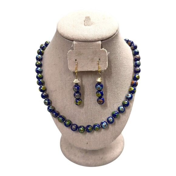 Vintage Chinese Export Cloisonne Necklace Earrings Cobalt Blue Knotted Beads Set - Picture 2 of 5